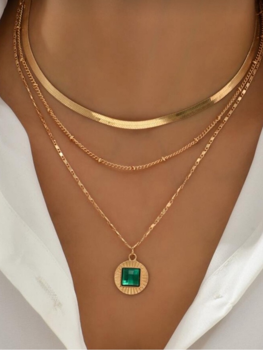 Gold 1pc Layered Necklace Green Pendant